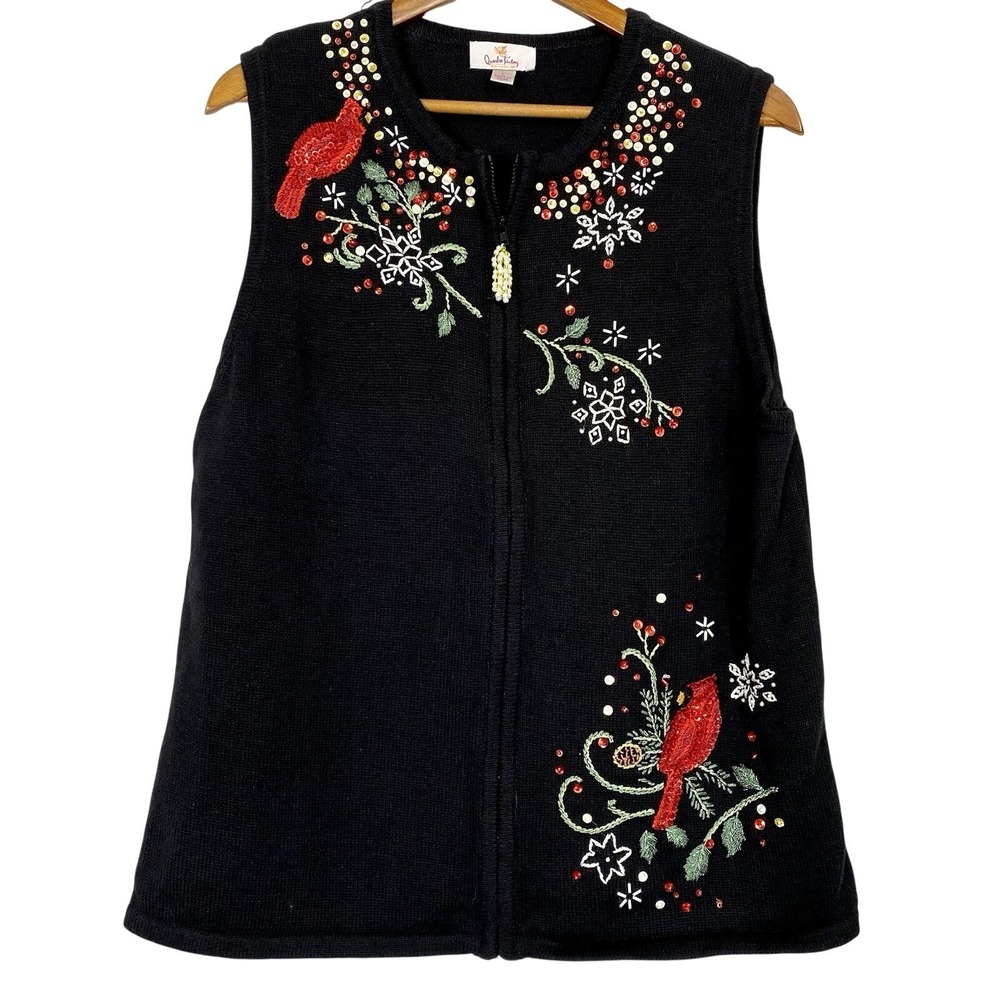 Vtg Large Quacker Factory Sweater Vest Spring Vines Cardinal Teacher‎ Grannycore